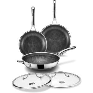 3-Piece Hybrid Stainless Steel Cookware Set-12 Inch Wok with Lid,10 Inch Frying Pan,12 Inch Skillet with Lid-Non Stick,PFOA Free,Dishwasher&Oven Safe,Induction Compatible,Cookware Set.