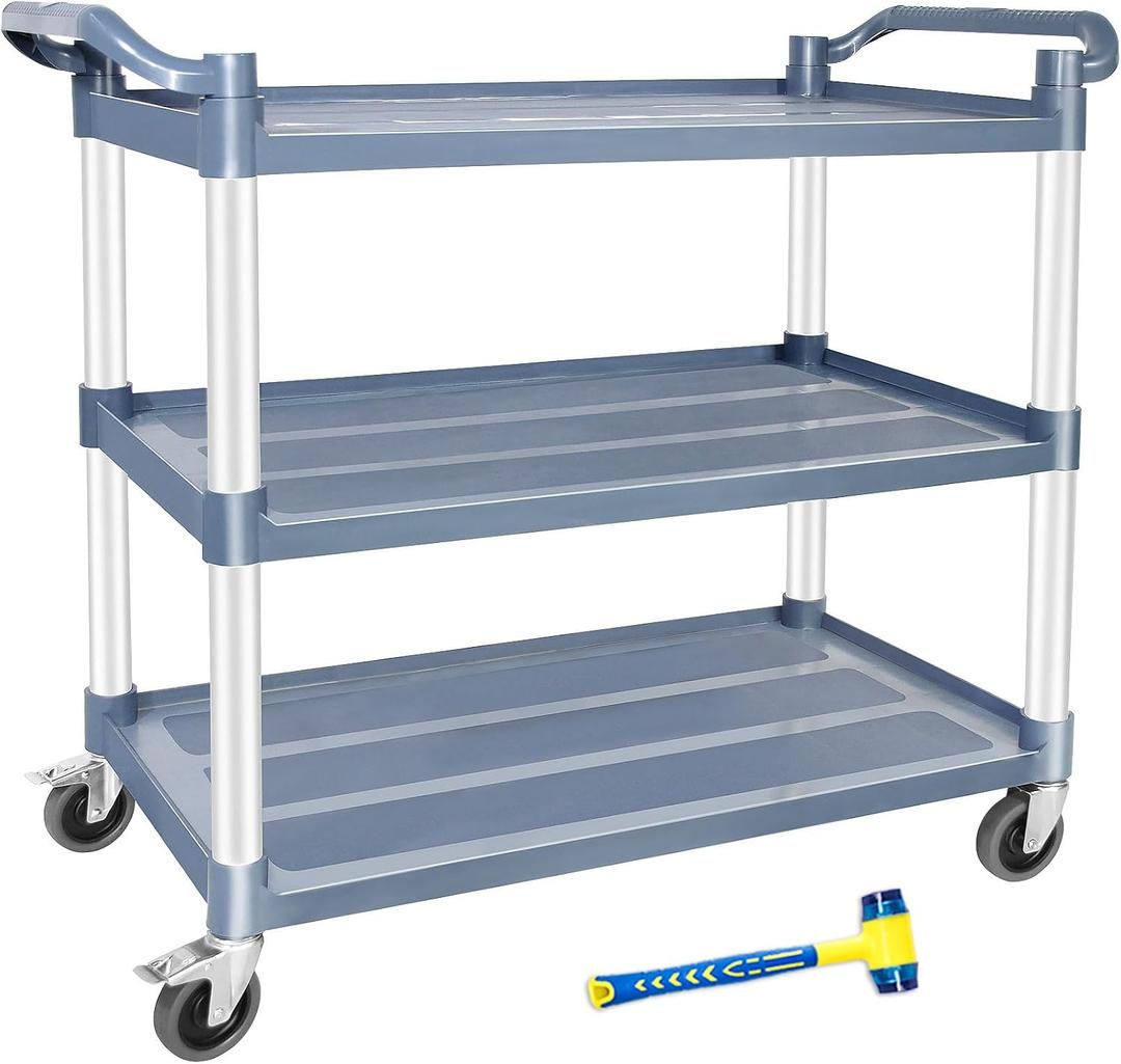 AQNIEGEP Utility Carts with Wheels, Large Food Kitchen Cart Heavy Duty, Rolling Service Cart w/Hammer for Restaurant, Office, Commercial, 600lbs Capacity, Lockable Wheels, 3-Tier