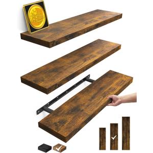 BAYKA Floating Shelves for Wall, 22.5 inches Wall Mounted Rustic Wood Shelves for Bathroom, Bedroom, Living Room, Floating Shelves for Books/Storage/Decor(Rustic Brown,Set of 3)