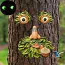 Tree Faces Decor Outdoor, Bird Feeders for Outdoors, Old Man Tree Face Art Statues Hugger- Glow Eyes in Dark, Funny Garden Patio Art Statue Decor (Green)
