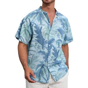 SILKWORLD Men's Cotton Linen Casual Button Down Shirts Short Sleeve Hawaiian Summer Tropical Beach Shirts with Pocket, Haze Blue Leaves, XX-Large