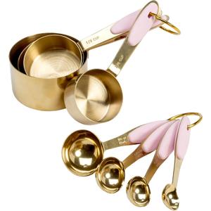 Paris Hilton Measuring Cups and Spoons Set, Stainless Steel with Pink Silicone Inset Handle, Dishwasher Safe, For Dry and Liquid Ingredients, 8-Piece Set, Gold and Pink