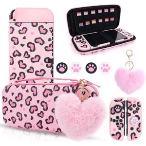 DLseego Pink Love Leopard Carrying Case for Switch OLED, Cute Silicone Protective Soft Cover with 4PCS Thumb Grip Caps and Pink Plush Heart Pendant Hard Storage Case Accessories Kit Bundle for Girls