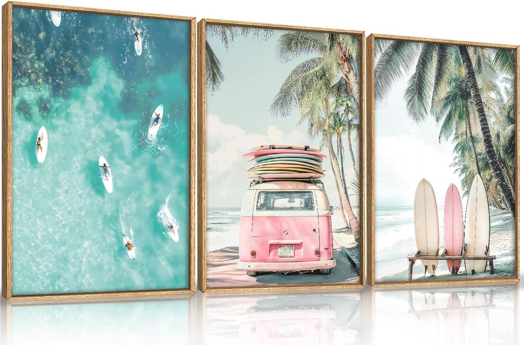 HOURIA Summer Surfboard Beach Framed Canvas Wall Art Set,Modern Ocean Surfing Seascape Wall Decor,Coastal Bus Coconut Tree Wall Painting,Nature Botanical Art Prints for Living Room, Bedroom-24 x36 x3