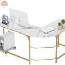 Teraves Reversible L Shaped Desk White - 66.1" Corner Gaming Computer Desk, Office Workstation Modern Home Study Writing Table, Marble Gold