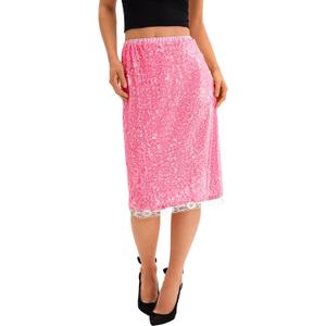 Yousify Womens Sequin Midi Skirts Y2K Elastic High Waisted Lace Trim Sparkly Stretchy Night Out Club Concerts Party Skirt, Size L (Pink)
