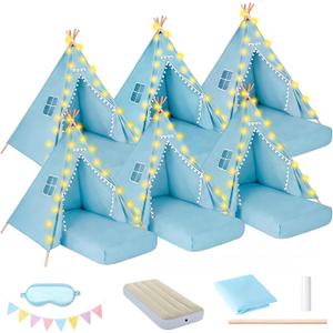 Teepee Tent, 6 Pack with Air Mattress (64"x28"), Sleeping Bag, Star Lights, Eye Mask, Banner, 6 Pompoms, Indoor Canopy Tent for Parties & Relaxation (Blue)
