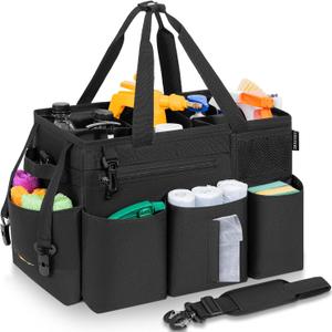 Wearable Cleaning Caddy Bag for Cleaning Supplies, Large Capacity Cleaning Organizer Tote Bag Kitchen Cleaning Supplies Storage Bag for Cleaners Housekeepers (Black) (13.7L x 8.7W x 10.2H inch)