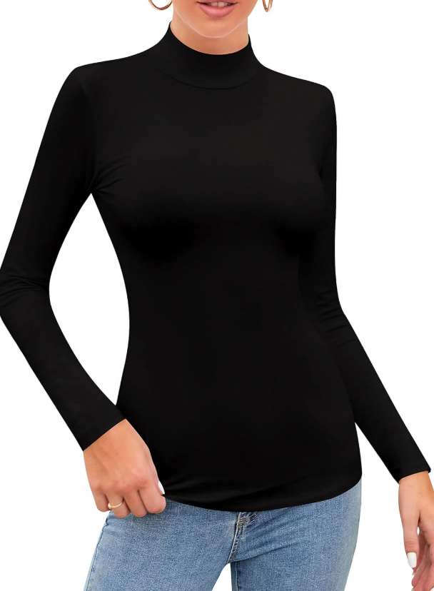 SHEIUGU Women’s Mock Neck Turtleneck Long Sleeve T Shirt Top Slim Fit Layering Tops Tee(Long Sleeve Black-XX-Large)