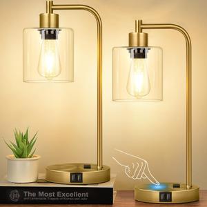 Nintiue Industrial Touch Table Lamps Set of 2-2 USB Ports & AC Outlet Nightstand Lamps, 3-Way Dimmable Bedside Desk Lamp for Living Room Bedroom, Glass Shade & 2 LED Bulbs Included - Brass