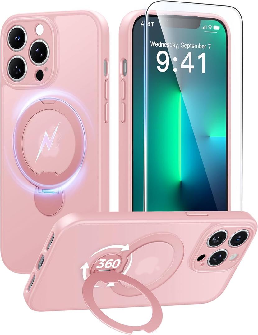 FNTCASE for iPhone 13 Pro Case with 360 Spin Magnetic Stand Pink | Compatible with Magsafe,Screen Protector,Full Camera Protection,Translucent Matte Military Grade Shockproof Phone Cover