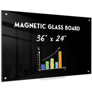 Magnetic Black Glass Dry Erase Board, 36" x 24", Frameless Wall Mount