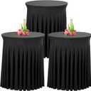 Babenest 32"x 43" Round Cocktail Table Skirt, 3 Pack Spandex Stretch Round Tablecloths with Natural Wavy Drapes, Fitted High Top Bar Cocktail Table Covers for Wedding Party Birthday Banquet (Black)