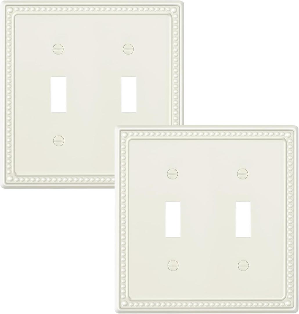 2-Pack Double Toggle Light Switch Cover Plate, Light Almond | Pearls Beaded Decorative Dual Switch Plate Covers, 2 Gang Metal Wall Plate, Corrosion Resistant