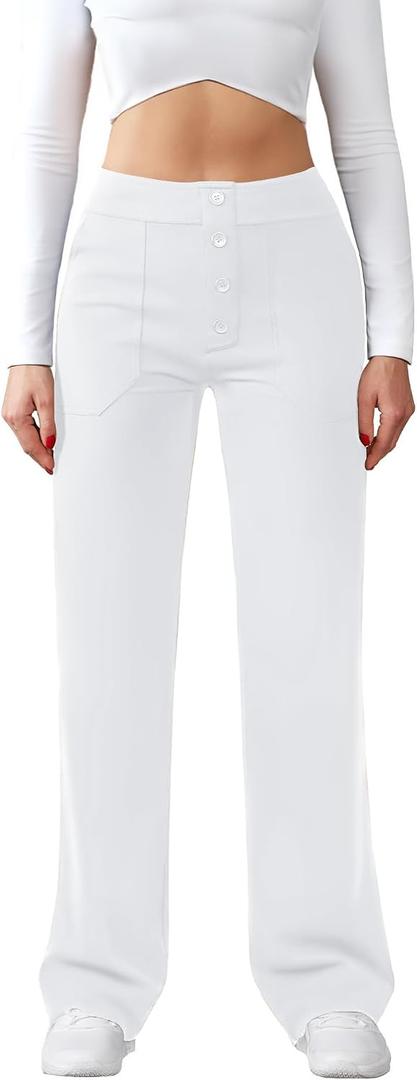 JEKAOYI Womens Casual High Waist Straight Leg Pants Stretchy Button Business Dress Work Pocket Trousers (White, M)
