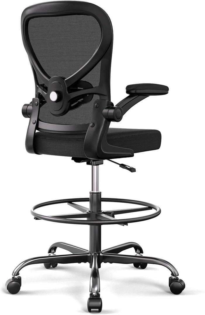 Alolo Drafting Chair,Big and Tall Office Chair with Footrest Ring,Ergonomic Chair for Counter Height and Standing Desk Comfy with Lumbar Support and Flip-up Armrests in Heavy Rolling Base, Black and White