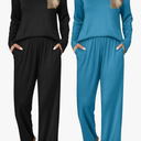 Ekouaer 2 Pack Women's Ribbed Knit Pajama Set with Pockets Long Sleeve PJs V Neck Soft Loungewear Loose Matching Outfits Set Black and Lake Blue S