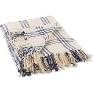 DII Modern Farmhouse Plaid Collection Cotton Fringe Throw Blanket, 50x60, White/French Blue