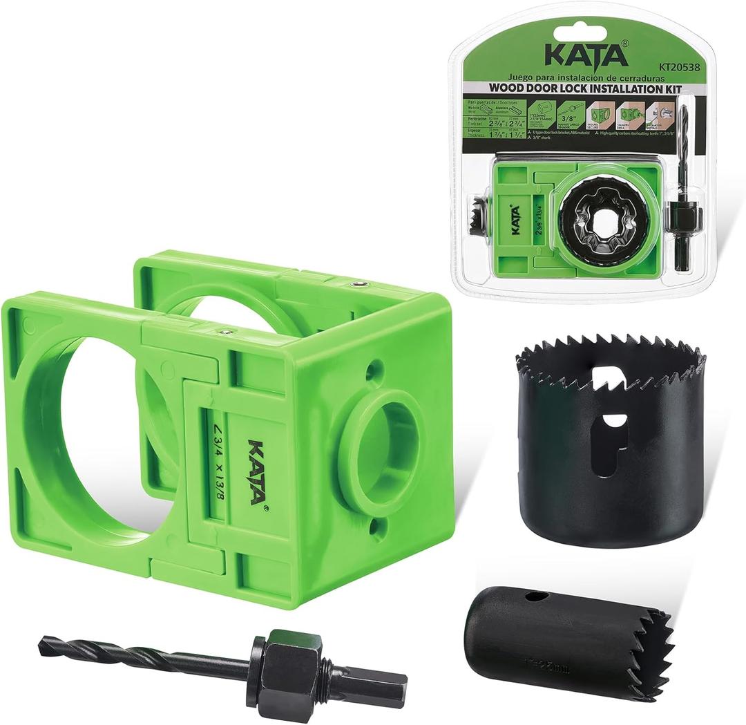 Kata 1-3/8" - 1-3/4" Door Lock Installation Kit with Large Chip-Clearance Slots, Door Lock Hole Saw for Deadbolts and Locksets for Wooden Doors with Guide Template, Carbon Steel, Green
