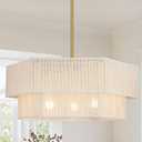 19.7" Hand Woven Rattan Drum Chandelier,Adjustable Boho Pendant Light,Modern Gold Coastal Pendant Light for Kitchen Island, Dining Room,Living Room,Bedroom, Foyer,White,UL Listed,E26 Socket