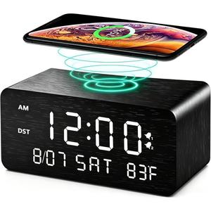 Wooden Digital Alarm Clock with Wireless Charging, 0-100% Adjustable Brightness Dimmer and Alarm Volume, Weekday/Weekend Mode, Dual Alarm, Snooze, 12/24H, Wood LED Clock for Bedroom (Black)