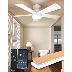 Ceiling Fans with Lights and Remote, 42 Inch Low Profile Ceiling Fan, Flush Mount LED Fan Light with Backlit Night Light Design, 3000K-6000K Dimmable Modern Fandelier Ceiling Fans for Bedroom, White