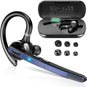 Bluetooth Headset, Wireless Bluetooth 5.3 Earpiece, 90Hrs Hands Free Headset with APTX HD Audio & Mute Button, Dual Noise Cancelling Mics, Single-Ear Headphone for Trucker/Business/Gym/Blue
