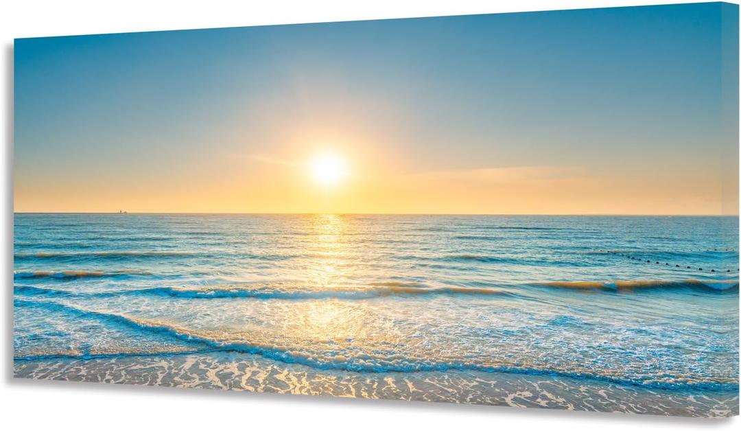 Wall Art Canvas Painting Blue Sea Beautiful Seascape 1 Piece Ocean Sunset Waves Picture Poster Print Framed and Stretched Ready to Hang for Living Room Bedroom Artework, 48"L x 24"W