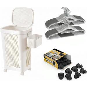 Rolling Laundry Hamper Bundle with 50 Clothes Hangers & 60 Closet Organizer Hooks - Wheeled Laundry Basket Set with Non-Slip Hangers and Space Saver Hooks for Bedroom Closet Organization（White）, 17.12*13.58*24 inch