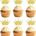 30Pcs Crown Cupcake Toppers, Glittery Queen Crown Cake Picks Birthday Princess Theme Cake Decorations for Baby Shower, Birthday Party, Wedding Decorations Supplies (Gold)