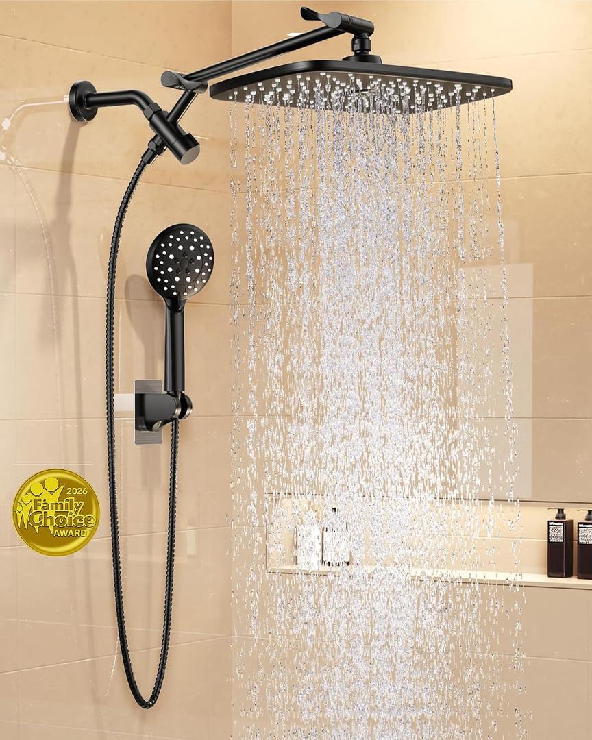 Veken 11.8" Rain Shower Head with Handheld, High Pressure Handheld Shower Heads with Multi Spray Modes, Rainfall Combo with 15" Metal Extension Arm,Detachable Dual Shower, Long 6 ft. Hose,Matte Black
