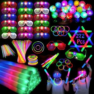 272PCS Glow in the Dark Party Supplies, Glow Sticks Bulk Party Pack, 24PCS Foam Glow Sticks, 24PCS LED Glasses, 24PCS LED Light Up Rings and 200PCS Glow Sticks for Neon Party Decorations