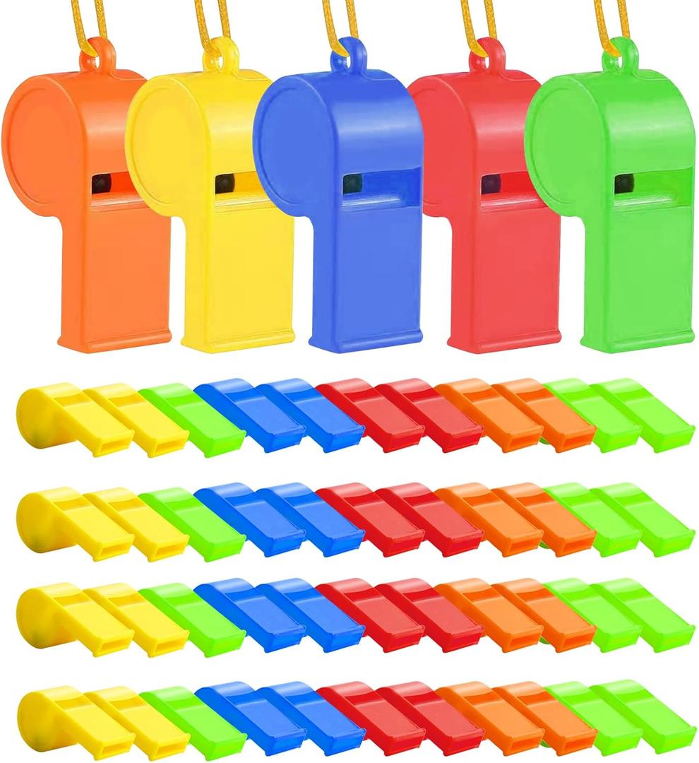 WSYUB 48Pcs Plastic Whistles, Sports Whistle Bulk with Lanyard, Super Loud Training Sports Whistle for Coaches Referees, Colorful Whistles for Toy Soccer Giveaways Party