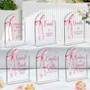 6 Pcs Pink Bow Baby in Bloom Shower Decorations, Baby Shower Sign, Newborn Gifts, Cards and Gifts Signs, Modern Arched Acrylic Table Top Signs With Stand for Birthday Party Decorations (Clear)