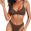 ZAFUL Women Bikini Sets Criss Cross Back Bathing Suit Knot Front Two Piece Swimwear Thong Cheeky Swimsuit Set (Brown, L)