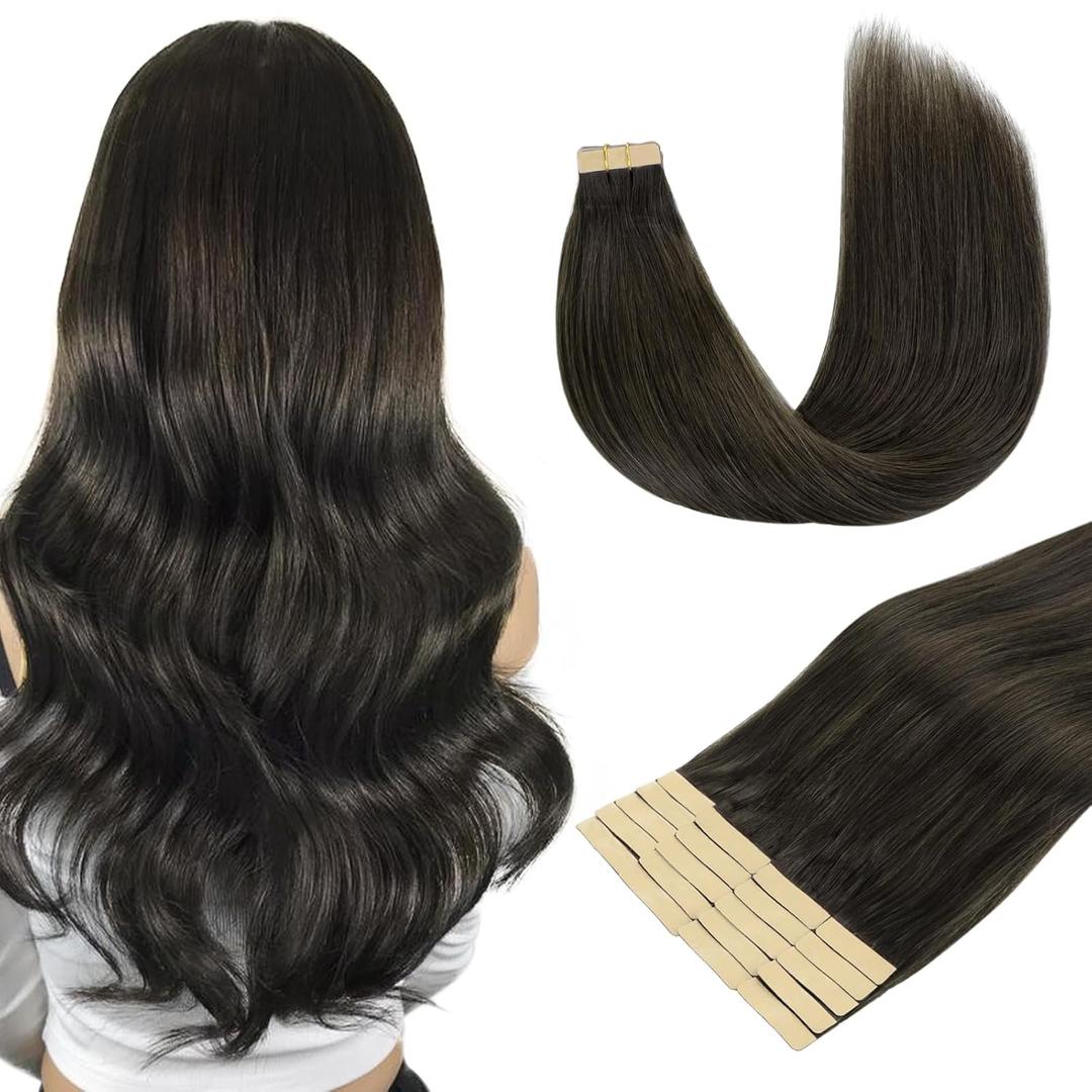 DOORES Real Human Hair Extensions - Mocha Brown, 24 Inch, 20pcs 50g Tape in Straight Skin Weft Remy