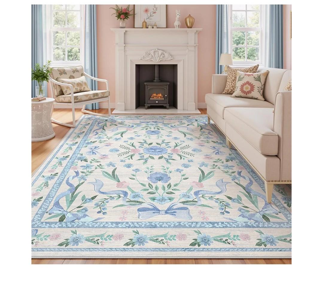 Blue Floral Rug 5x7 for Girls Bedroom or Nursery, Cute Bow Washable Area Rug, Ultra-Thin Non Slip Carpet for Kids Room, Dorm or Playroo
