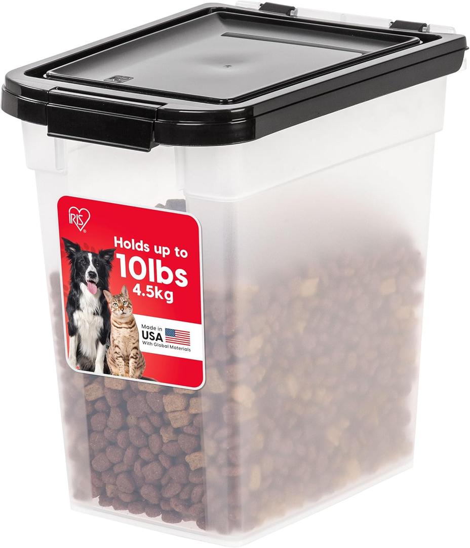 IRIS USA Airtight Dog Food Storage Container, WeatherPro, Up to 10 lbs, For Dog Cat Bird and Other Pet Food Storage Bin, Keep Fresh, Translucent Body, Made in USA, Clear/Black 20.06"L x 16.13"W x 10.25"H