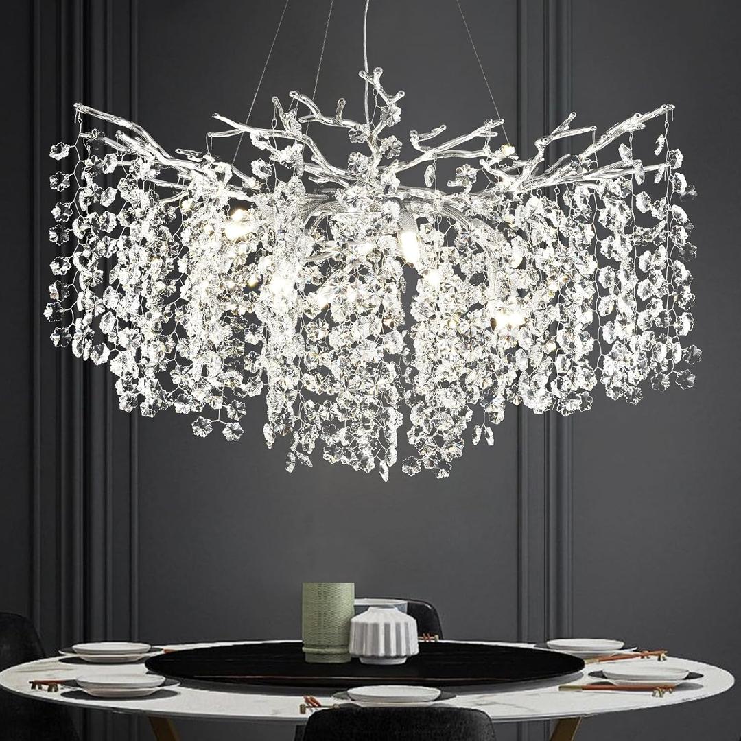 Modern Nickel Crystal Chandelier for Dining Room, Tree Branches Chandeliers for Living Room, 30" Round Dining Room Chandelier Over Table, Silver Chandeliers for Bedroom Bathroom Kitchen Foyer Entryway