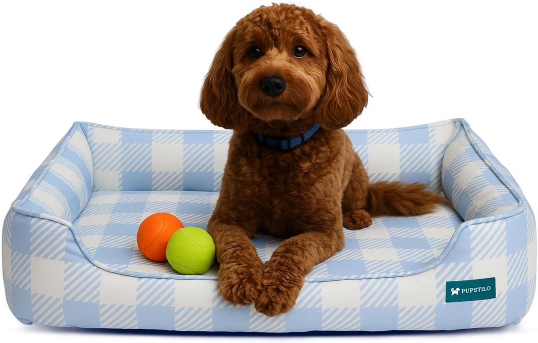 Orthopedic Bolster Dog Bed  CertiPUR-US Foam, Recycled Polyester Canvas, Washable Cover, Anti-Slip Bottom, Large, Light Blue Check  Stylish Designer Dog Sofa (L: 39" X 32" X 9")