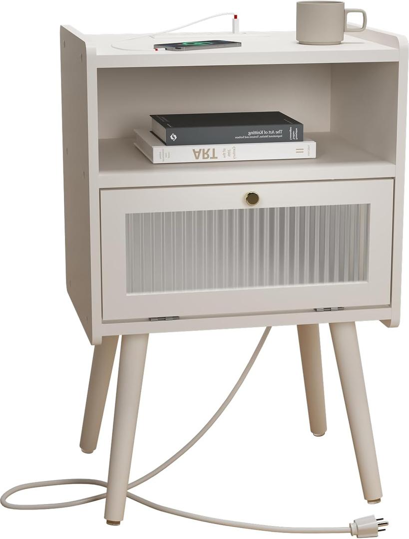 Mid Century Modern Nightstand with Charging Station, Bedside Tables with Glass Decorative Door, End Table Side Table with 2 Tiers Storage Space, for Bedroom, Living Room, White (Hinged Door, White)