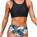 Tempt Me Black Floral Women High Waisted Bikini Two Piece Swimsuits High Neck Crop Top Racerback Sporty Bathing Suits for Teen Girls M