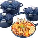 QuliMetal Nonstick Enameled Cast Iron Cookware Set, Frying Pan Skillet- 7-Pcs Pots and Pans with Lid, Healthy Round Dutch Oven Pot for Sourdough Bread Baking, Oven Safe up to 500 F or on All Stovetop