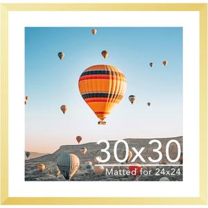 30x30 Picture Frame Gold with 24x24 Mat, Display Photo 24x24 with Mat or 30 x 30 Without Mat, Wall Hanging Large 30x30 Poster Frame with Shatter Resistant Plexiglass, Gold