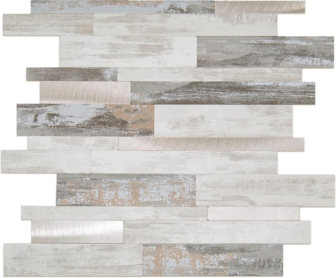KASARO 10-Sheet Peel and Stick Backsplash Tiles for Kitchen, Marble Collage with Printed Stone Pattern, Self-Adhesive Wall Tile Stick on Bathroom, Fireplace, RV (10 Pieces, Vintage Wood)