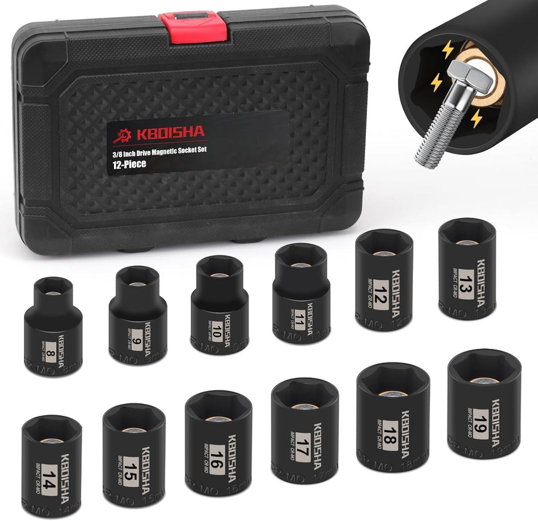 KBOISHA 3/8 Inch Drive Magnetic Socket Set,12-Piece Metric 8mm-19mm CR-MO Impact Socket Set with Heavy Duty Storage Case