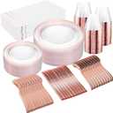 GATHER 350PCS Rose Gold Plastic Plates - Disposable Rose Gold Dinnerware Includes 100 Clear Rose Golds Rimmed Plastic Plates, 150 Silverware, 50 Napkins, 50 Cups for Party, Wedding, Mother's Day
