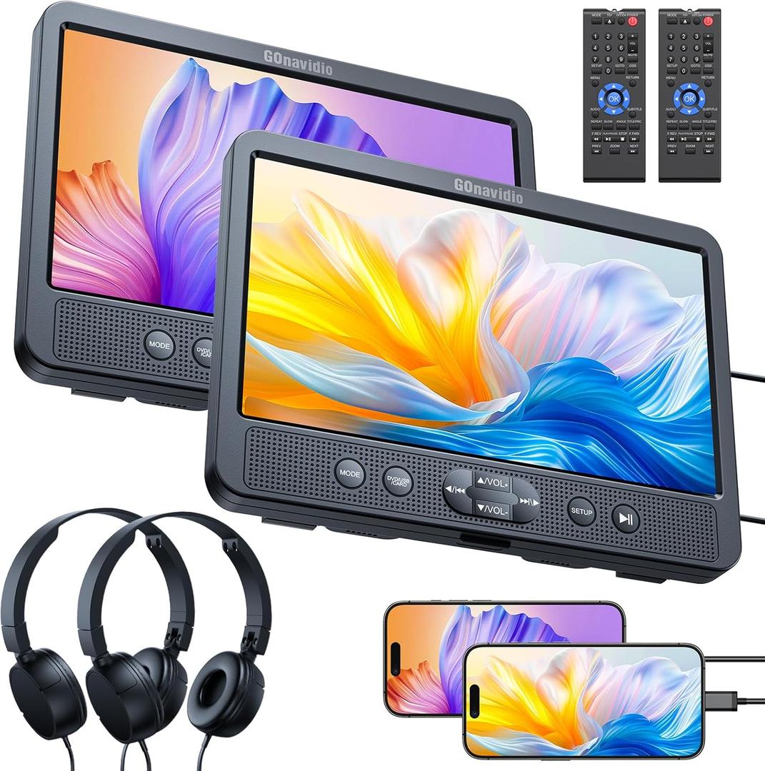 10.1" Dual Car DVD Players with HDMI Input, Headphones, Mounting Brackets, Headrest DVD Players for Car Support USB/SD Card, AV in/Out, Last Memory, Play A Same or Two Movies, No Battery