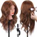 Mannequin Head with 100% Human Hair, TopDirect Real Hair Cosmetology Mannequin Head Hair Styling Hairdressing Practice Training Doll Head with Clamp Holder and Tools (Dark Brown)