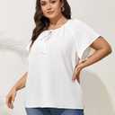SHESTARR Plus Size Blouses for Women V Neck Short Sleeve Summer Tops Drawstring Blouse Loose Casual Flowy Shirts (White, XL)